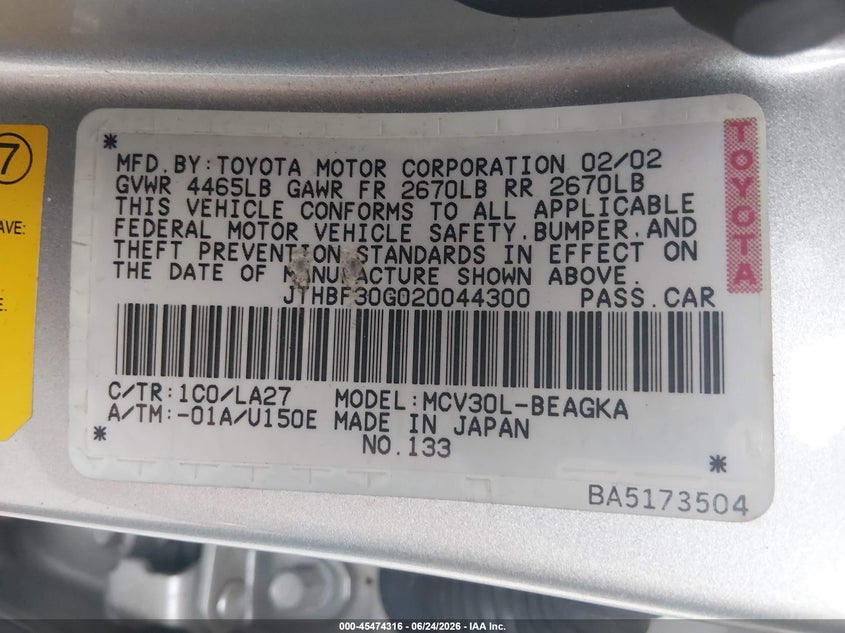 2002 Lexus Es 300 VIN JTHBF30G020044300 IAAI salvage auction — NORMAL WEAR, Clear (Arkansas), sold $650 on 2026-07-29 (photo 9)