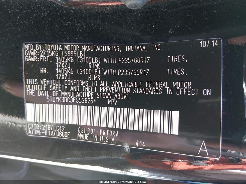 2015 Toyota Sienna VIN 5TDYK3DC3FS538264 IAAI salvage auction — REAR END, Salvage (Kansas), sold $1,150 on 2026-07-29 (photo 9)