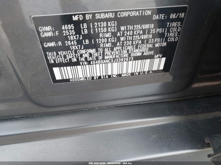 2018 Subaru Outback VIN 4S4BSANC3J3392673 IAAI salvage auction — FRONT END, Salvage (Arizona), sold $3,500 on 2026-07-09 (photo 9)