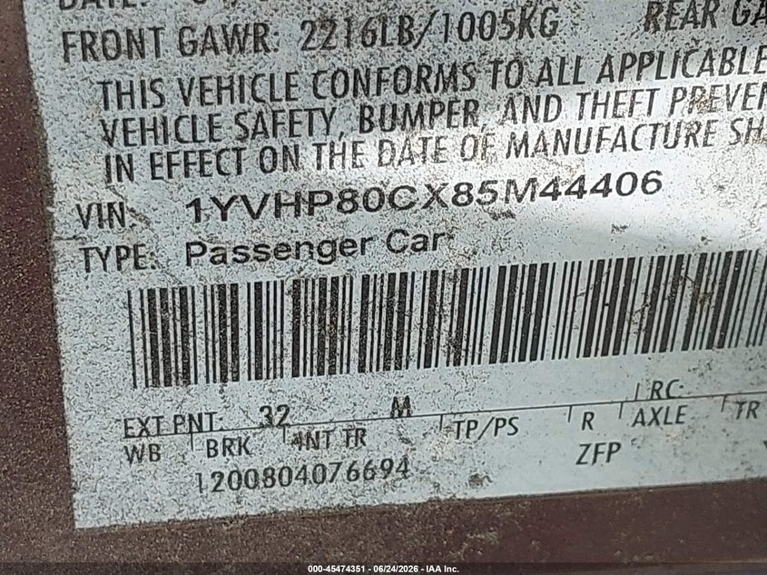 2008 Mazda 6 VIN 1YVHP80CX85M44406 IAAI salvage auction — FRONT END, Original (Texas), sold $600 on 2026-07-10 (photo 9)