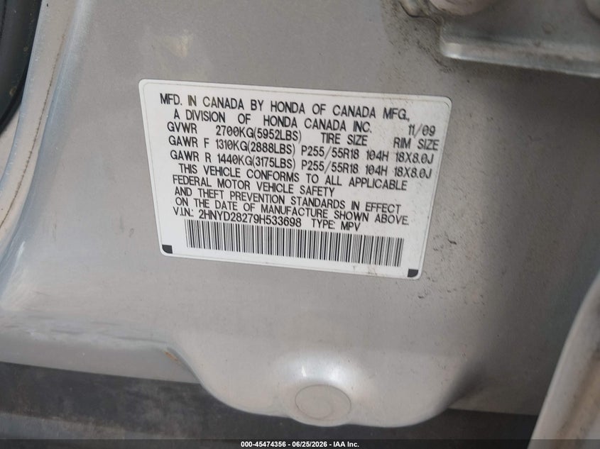 2009 Acura Mdx VIN 2HNYD28279H533698 IAAI salvage auction — NORMAL WEAR, Clear (Maryland), sold $300 on 2026-07-12 (photo 9)