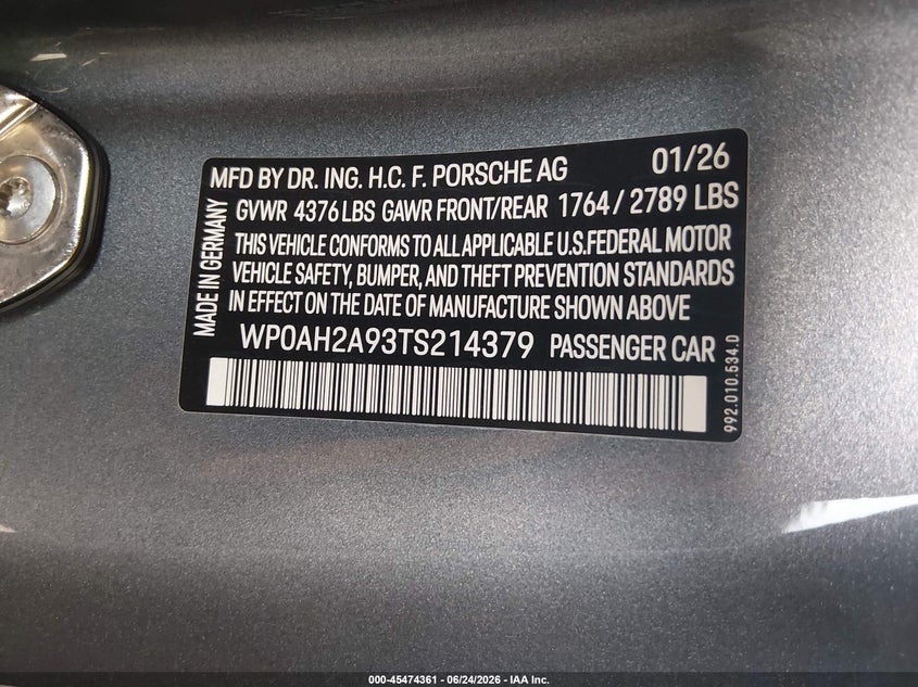 2026 Porsche 911 VIN WP0AH2A93TS214379 IAAI salvage auction — REAR END, Bill Of Sale (Washington), sold $109,000 on 2026-07-20 (photo 9)