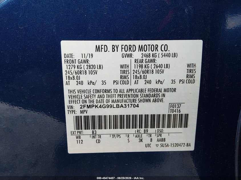 2020 Ford Edge VIN 2FMPK4G99LBA31704 IAAI salvage auction — FRONT END, Salvage (Kentucky), sold $3,250 on 2026-07-18 (photo 9)