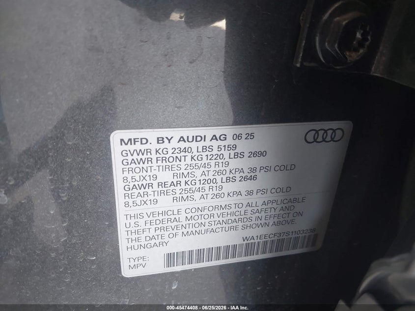 2025 Audi Q3 VIN WA1EECF37S1103238 IAAI salvage auction — FRONT END, Salvage (California), sold $10,200 on 2026-07-31 (photo 9)