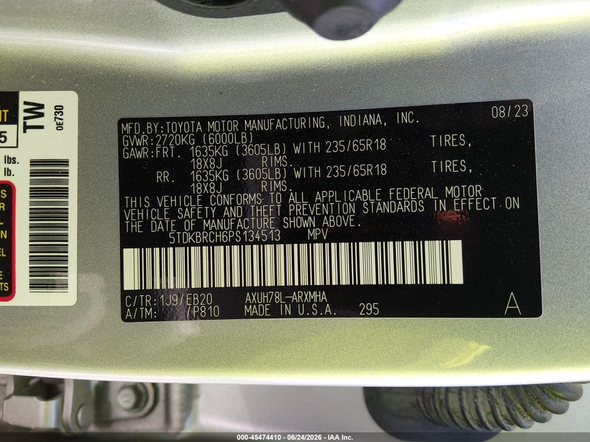 2023 Toyota Highlander VIN 5TDKBRCH6PS134513 IAAI salvage auction — FRONT END, Salvage Title, sold $10,100 on 2026-07-24 (photo 9)