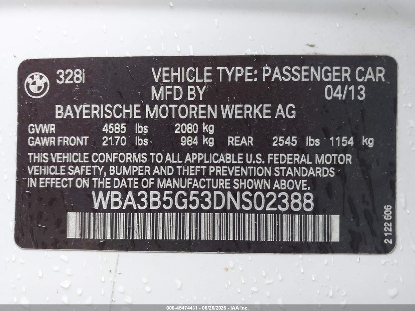 2013 BMW 3er VIN WBA3B5G53DNS02388 IAAI salvage auction — NORMAL WEAR, Clear (Tennessee), sold $550 on 2026-07-30 (photo 9)