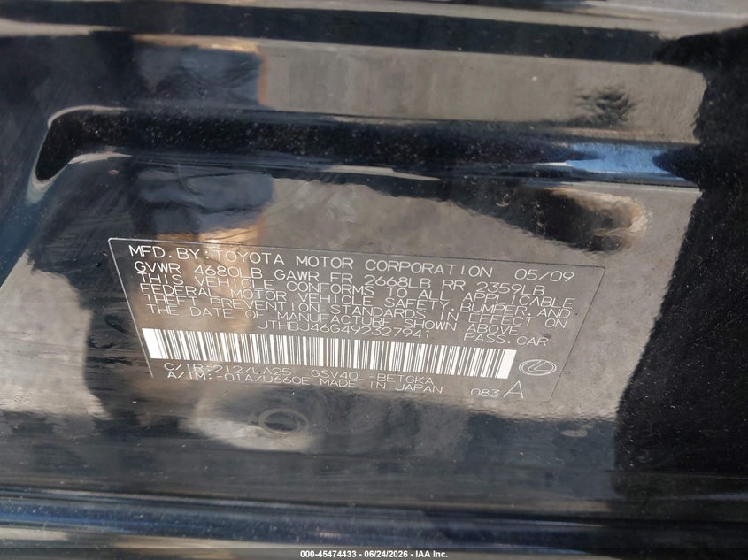 2009 Lexus Es 350 VIN JTHBJ46G492327941 IAAI salvage auction — LEFT SIDE, Salvage (California), sold $1,075 on 2026-07-09 (photo 9)