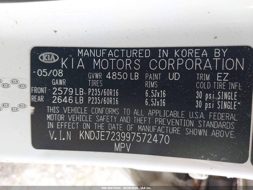 2009 Kia Sportage VIN KNDJE723997572470 IAAI salvage auction — NORMAL WEAR, Clear (Massachusetts), sold $825 on 2026-07-10 (photo 9)