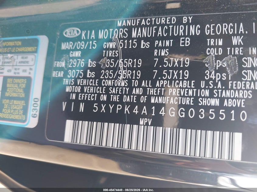 2016 Kia Sorento VIN 5XYPK4A14GG035510 IAAI salvage auction — NORMAL WEAR, Clear (Tennessee), sold $1,375 on 2026-07-28 (photo 9)