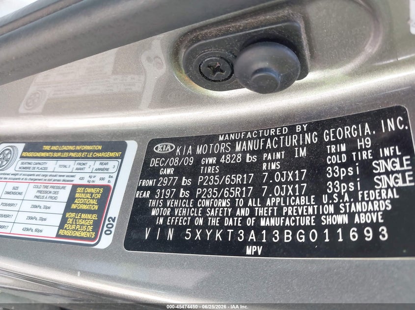 2011 Kia Sorento VIN 5XYKT3A13BG011693 IAAI salvage auction — NORMAL WEAR, Original (Texas), sold $1,375 on 2026-07-07 (photo 9)