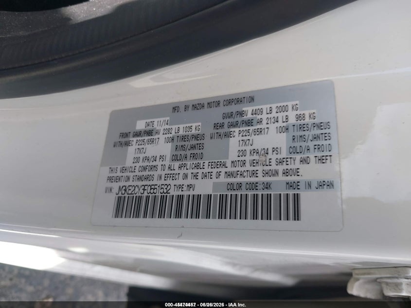 2015 Mazda Cx-5 VIN JM3KE2CY3F0551532 IAAI salvage auction — FRONT END, Salvage (California), sold $2,050 on 2026-07-15 (photo 9)