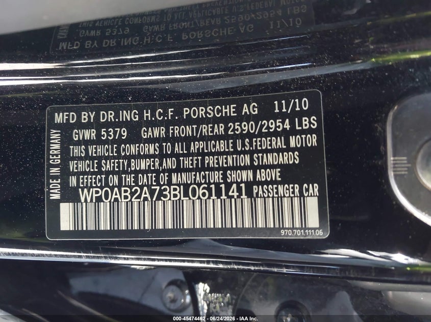 2011 Porsche Panamera VIN WP0AB2A73BL061141 IAAI salvage auction — LEFT REAR, Salvage (California), sold $2,050 on 2026-07-29 (photo 9)