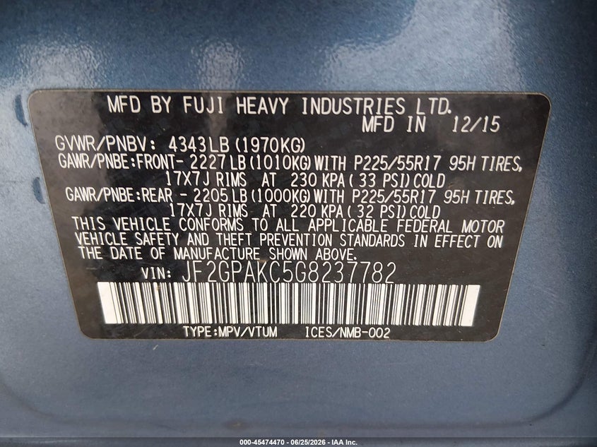 2016 Subaru Xv VIN JF2GPAKC5G8237782 IAAI salvage auction — FRONT END, Bill Of Sale (Washington), sold $975 on 2026-07-29 (photo 9)