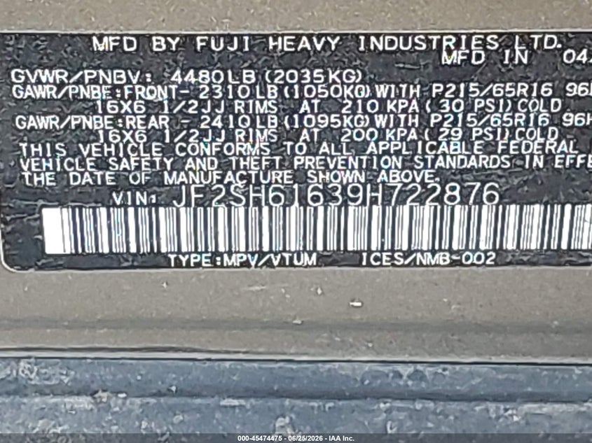2009 Subaru Forester VIN JF2SH61639H722876 IAAI salvage auction — NORMAL WEAR, Salvage Title (New York), sold $425 on 2026-07-28 (photo 9)