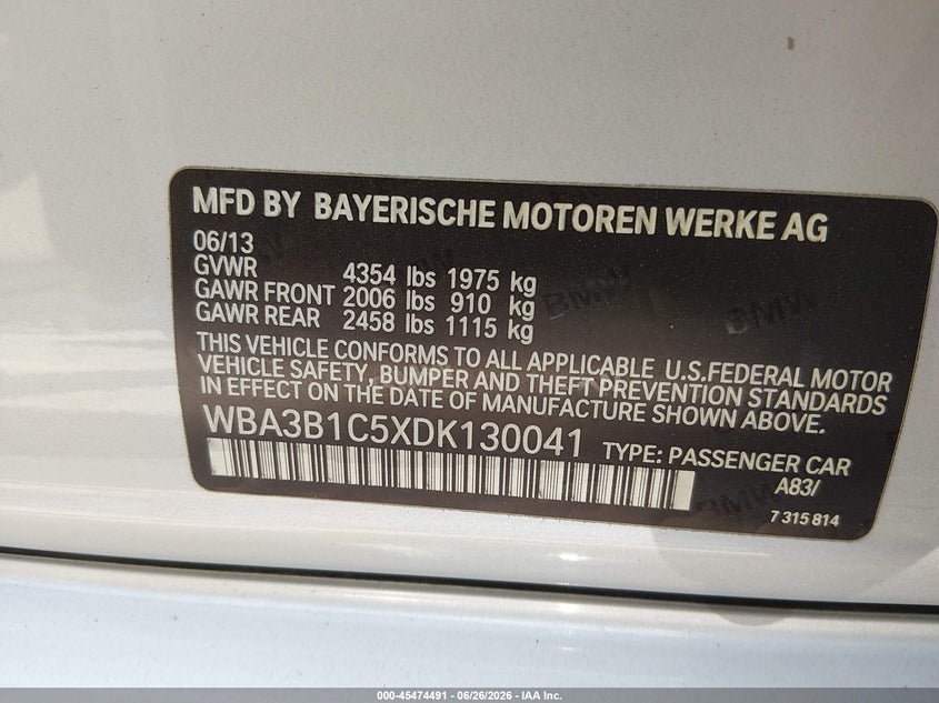 2013 BMW 3er VIN WBA3B1C5XDK130041 IAAI salvage auction — LEFT REAR, Salvage (California), sold $1,450 on 2026-07-20 (photo 9)