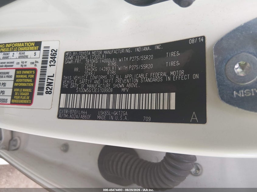 2014 Toyota Sequoia VIN 5TDDW5G13ES109908 IAAI salvage auction — FRONT END, Salvage Title, sold $6,300 on 2026-07-17 (photo 9)