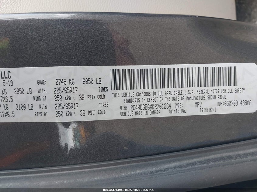 2019 Dodge Grand caravan VIN 2C4RDGBGXKR701264 IAAI salvage auction — NORMAL WEAR, Sf97 (Washington), sold $10,200 on 2026-07-29 (photo 9)