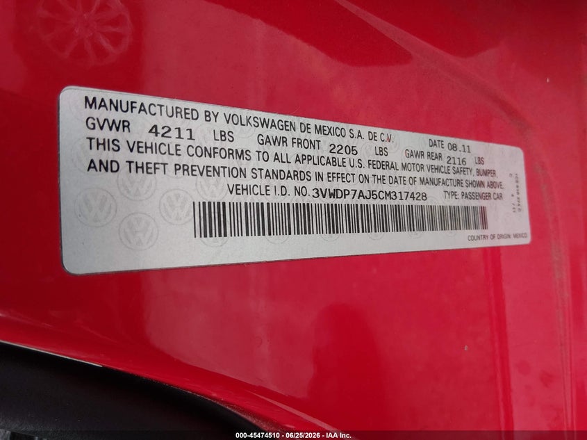2012 Volkswagen Jetta VIN 3VWDP7AJ5CM317428 IAAI salvage auction — RIGHT SIDE, Salvage (California), sold $1,350 on 2026-07-09 (photo 9)