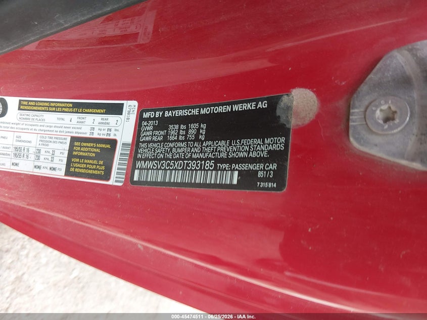 2013 Mini Hard top VIN WMWSV3C5XDT393185 IAAI salvage auction — NORMAL WEAR, Clear - Public Restricted (Oklahoma), sold $250 on 2026-07-29 (photo 9)