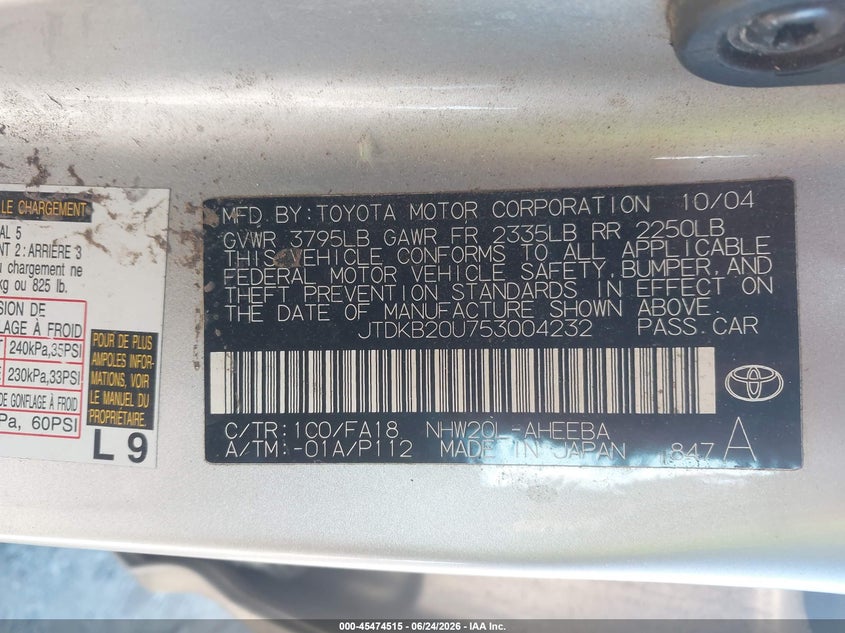 2005 Toyota Prius VIN JTDKB20U753004232 IAAI salvage auction — NORMAL WEAR, Clear - Dealer Only (California), sold $400 on 2026-07-29 (photo 9)