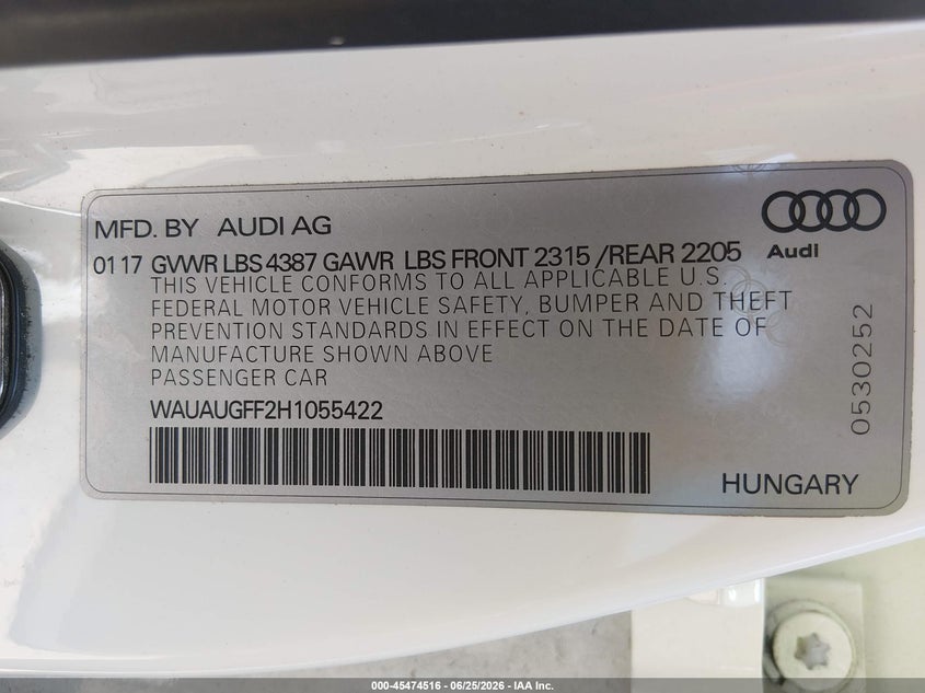 2017 Audi A3 VIN WAUAUGFF2H1055422 IAAI salvage auction — LEFT REAR, Salvage (California), sold $3,300 on 2026-07-22 (photo 9)