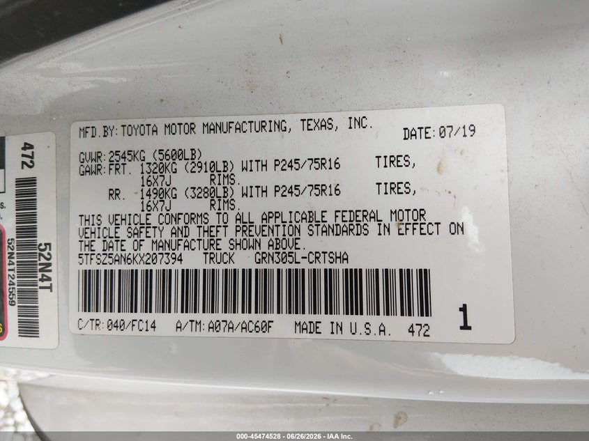 2019 Toyota Tacoma VIN 5TFSZ5AN6KX207394 IAAI salvage auction — LEFT REAR, Bill Of Sale (Washington), sold $6,300 on 2026-07-16 (photo 9)