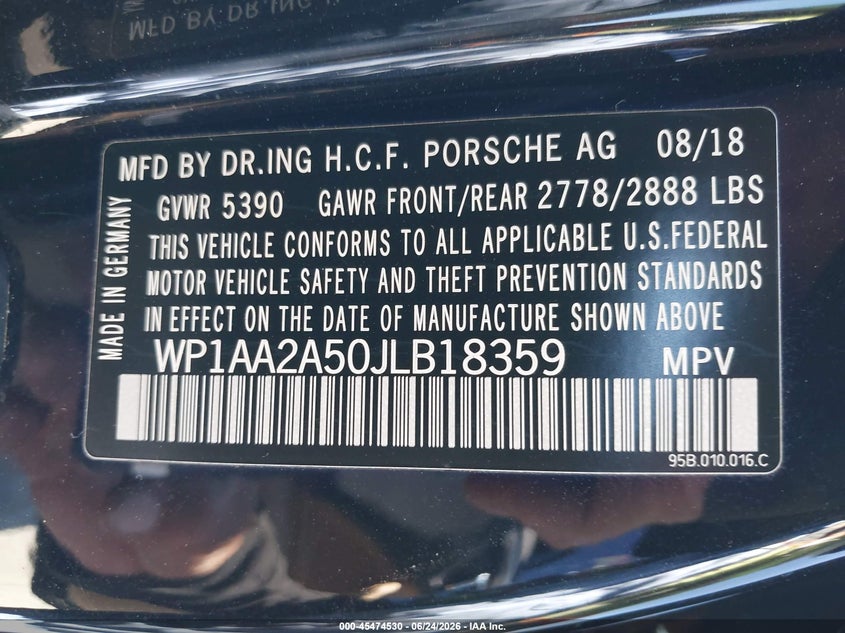 2018 Porsche Macan VIN WP1AA2A50JLB18359 IAAI salvage auction — REAR END, Salvage (California), sold $12,300 on 2026-07-22 (photo 9)