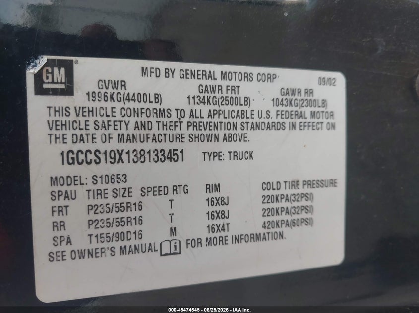2001 Chevrolet S-10 VIN 1GCCS195118171578 IAAI salvage auction — NORMAL WEAR, Clear (Illinois), sold $375 on 2026-07-07 (photo 9)