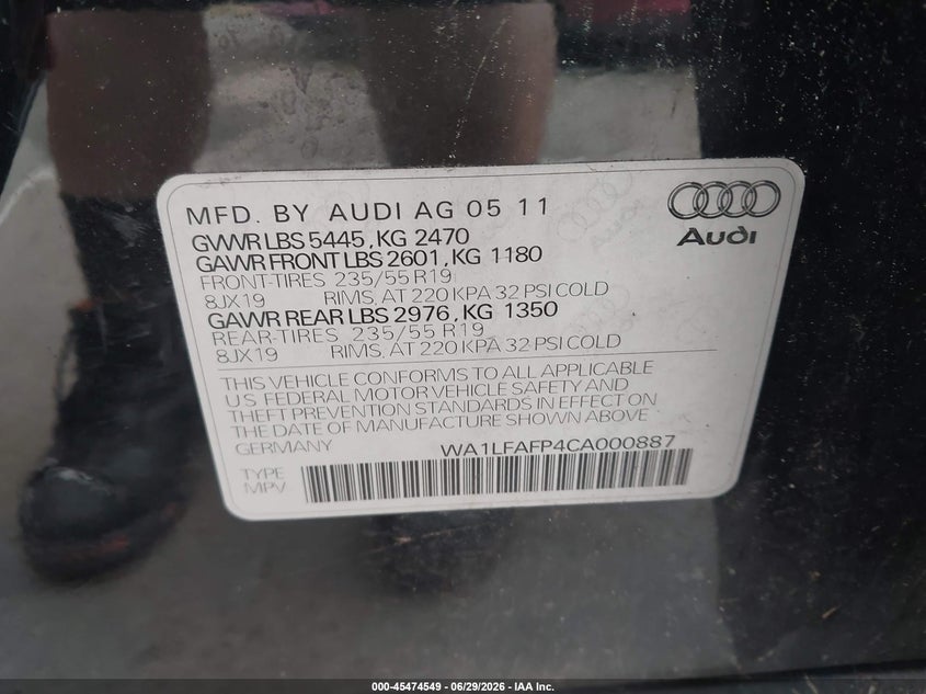 2012 Audi Q5 VIN WA1LFAFP4CA000887 IAAI salvage auction — NORMAL WEAR, Peddle Clear Public-Restricted (Oregon), sold $475 on 2026-07-28 (photo 9)