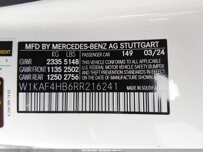 2024 Mercedes-benz C-klasse VIN W1KAF4HB6RR216241 IAAI salvage auction — FRONT END, Salvage (Oregon), sold $14,700 on 2026-08-20 (photo 9)