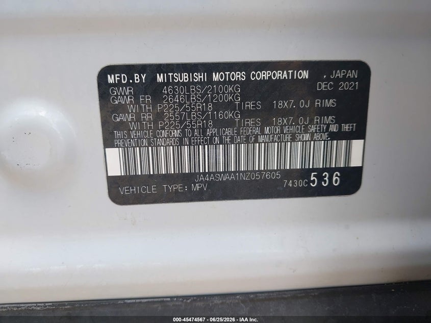 2022 Mitsubishi Eclipse cross VIN JA4ASWAA1NZ057605 IAAI salvage auction — FRONT END, Original (Texas), sold $3,850 on 2026-08-21 (photo 9)