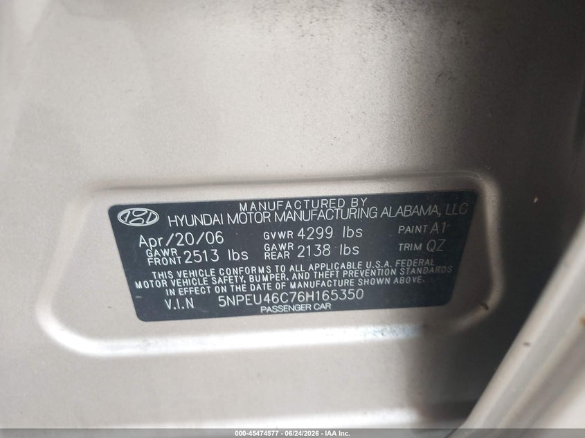 2006 Hyundai Sonata VIN 5NPEU46C76H165350 IAAI salvage auction — NORMAL WEAR, Original (Texas), sold $825 on 2026-07-16 (photo 9)