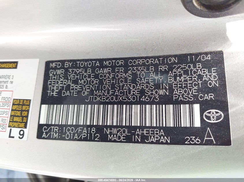 2005 Toyota Prius VIN JTDKB20UX53014673 IAAI salvage auction — NORMAL WEAR, Clear - Dealer Only (California), sold $400 on 2026-07-29 (photo 9)
