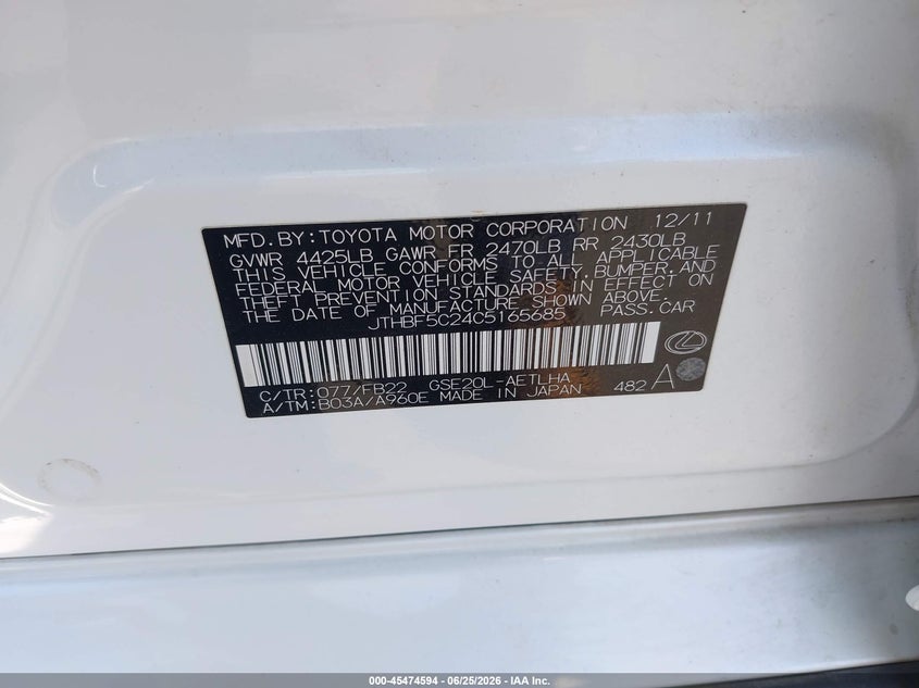 2012 Lexus Is VIN JTHBF5C24C5165685 IAAI salvage auction — REAR END, Salvage Certificate (California), sold $2,050 on 2026-07-19 (photo 9)