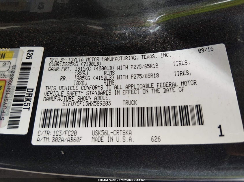 2017 Toyota Tundra VIN 5TFUY5F15HX589203 IAAI salvage auction — REAR END, Salvage (Oregon), sold $8,400 on 2026-08-24 (photo 9)