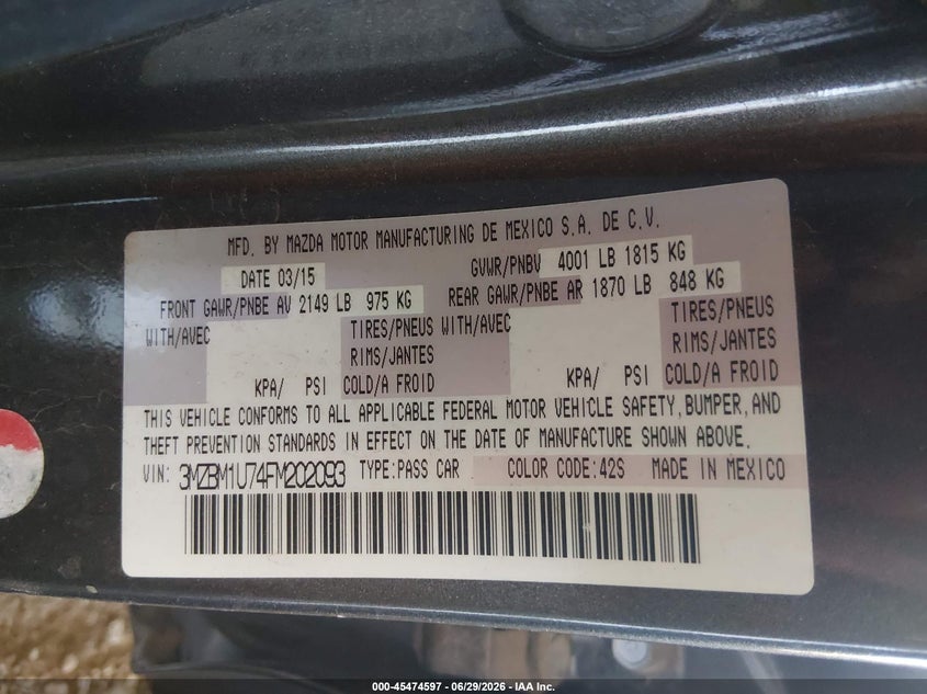 2015 Mazda 3 VIN 3MZBM1U74FM202093 IAAI salvage auction — FRONT & REAR, Salvage (Arizona), sold $475 on 2026-08-02 (photo 9)
