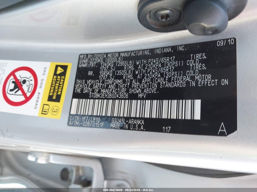 2011 Toyota Highlander VIN 5TDBK3EH3BS043606 IAAI salvage auction — UNKNOWN, Clear - Dealer Only (California), sold $2,525 on 2026-07-09 (photo 9)