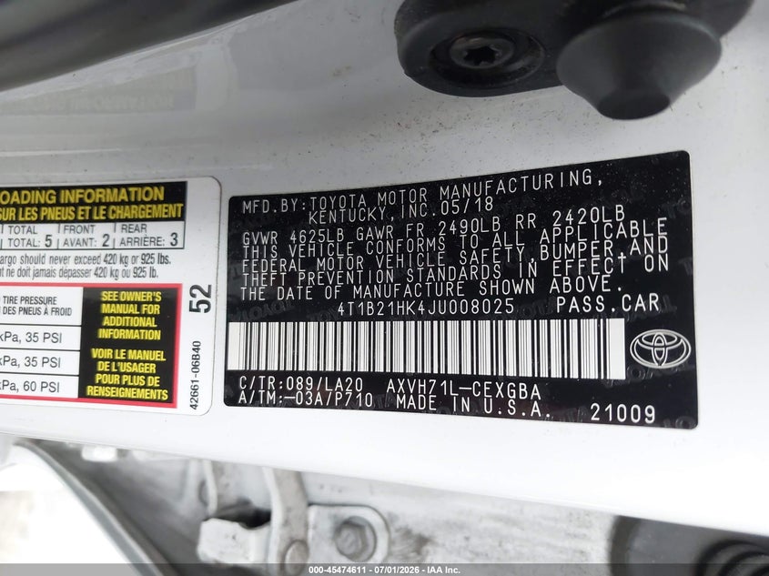 2018 Toyota Camry VIN 4T1B21HK4JU008025 IAAI salvage auction — LEFT FRONT, Salvage Certificate (California), sold $2,400 on 2026-07-26 (photo 9)