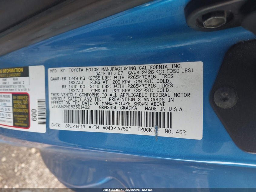 2008 Toyota Tacoma VIN 5TEUU42N18Z501402 IAAI salvage auction — NORMAL WEAR, Original (Ohio), sold $1,250 on 2026-07-22 (photo 9)
