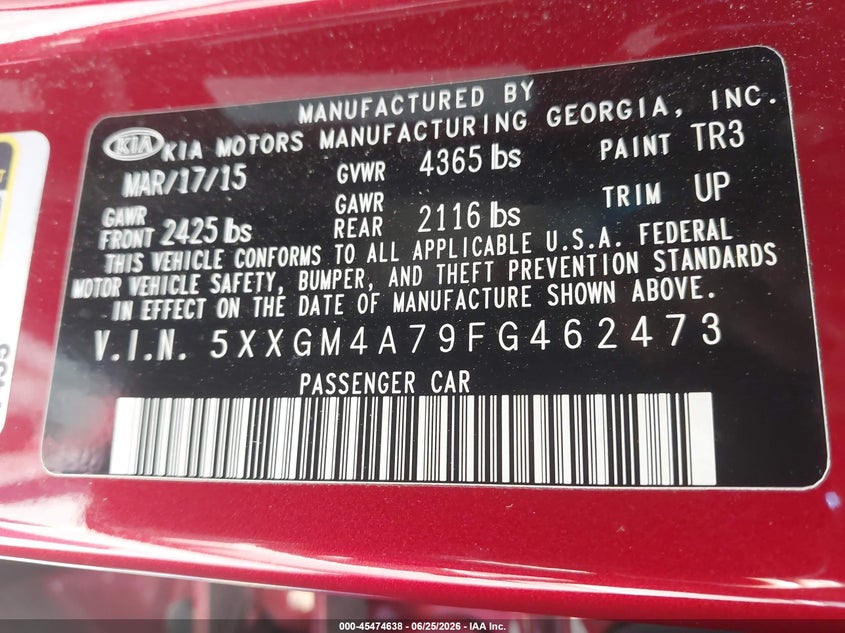 2015 Kia Optima VIN 5XXGM4A79FG462473 IAAI salvage auction — THEFT, Salvage (California), sold $2,350 on 2026-07-14 (photo 9)