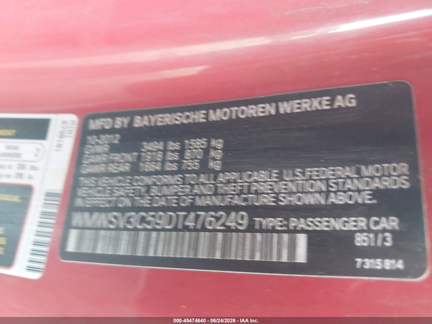 2013 Mini Hard top VIN WMWSV3C59DT476249 IAAI salvage auction — NORMAL WEAR, Clear-Dealer Only (Arizona), sold $275 on 2026-07-28 (photo 9)