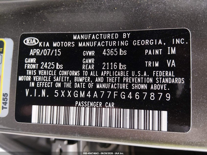 2015 Kia Optima VIN 5XXGM4A77FG467879 IAAI salvage auction — NORMAL WEAR, Original - Reconstructed (Alaska), sold $25 on 2026-07-31 (photo 9)