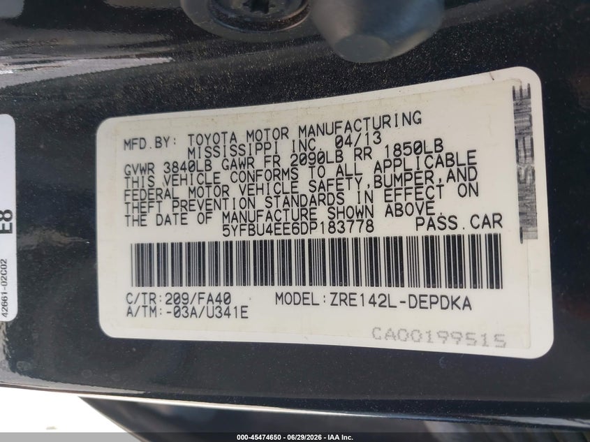 2013 Toyota Corolla VIN 5YFBU4EE6DP183778 IAAI salvage auction — NORMAL WEAR, Repossession Paperwork (Georgia), sold $1,550 on 2026-07-14 (photo 9)