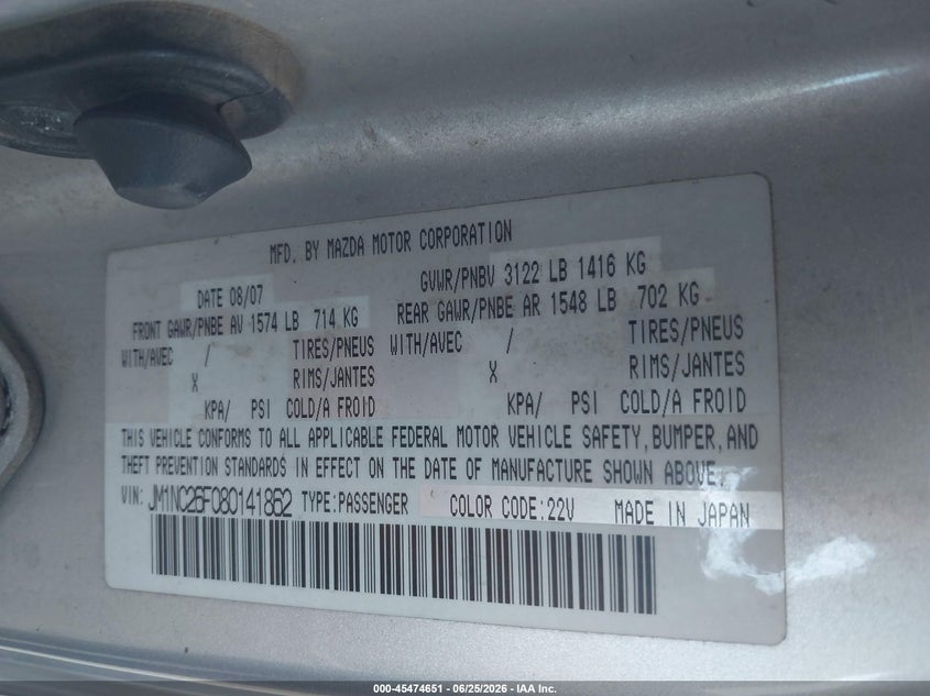 2008 Mazda Mx-5 VIN JM1NC26F080141862 IAAI salvage auction — REAR END, Salvage (California), sold $2,750 on 2026-07-14 (photo 9)