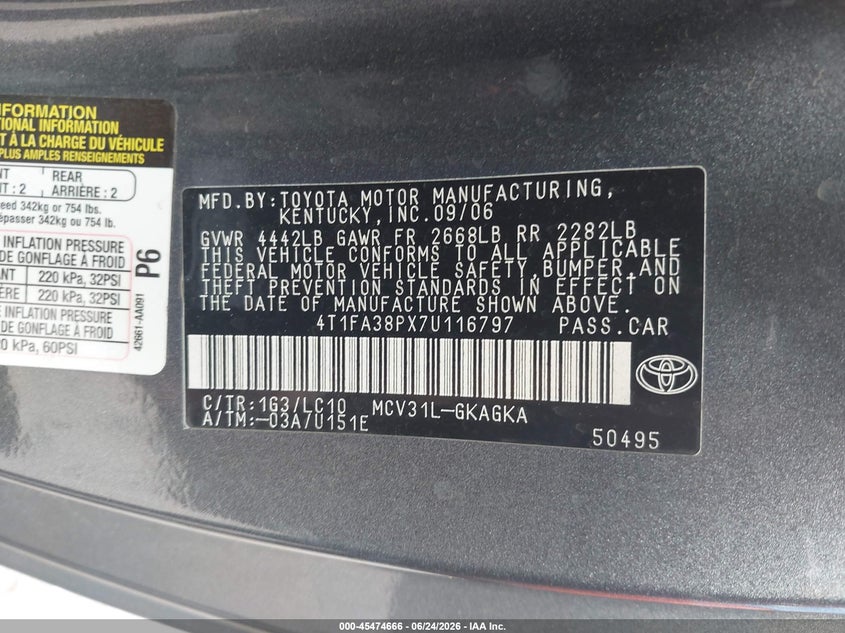 2007 Toyota Camry solara VIN 4T1FA38PX7U116797 IAAI salvage auction — NORMAL WEAR, Original (Texas), sold $825 on 2026-07-08 (photo 9)