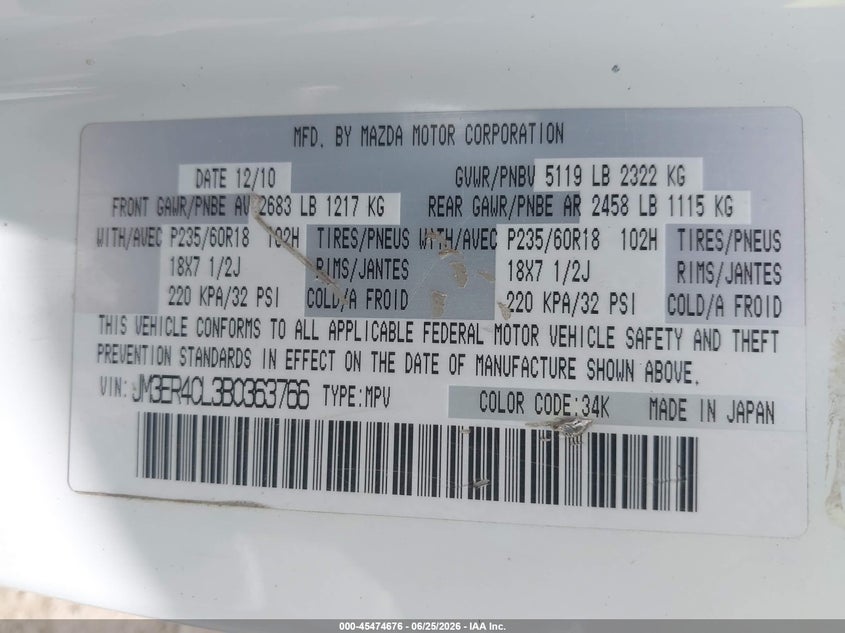 2011 Mazda Cx-7 VIN JM3ER4CL3B0363766 IAAI salvage auction — RIGHT FRONT, Bill Of Sale (Washington), sold $350 on 2026-07-16 (photo 9)