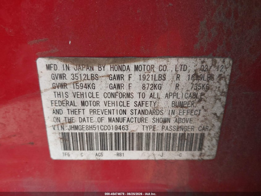 2012 Honda Fit VIN JHMGE8H51CC019463 IAAI salvage auction — NORMAL WEAR, Original (Texas), sold $600 on 2026-07-29 (photo 9)