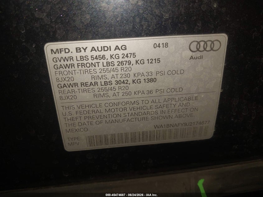 2018 Audi Q5 VIN WA1BNAFY9J2174677 IAAI salvage auction — SIDE, Salvage Title, sold $5,700 on 2026-07-31 (photo 9)