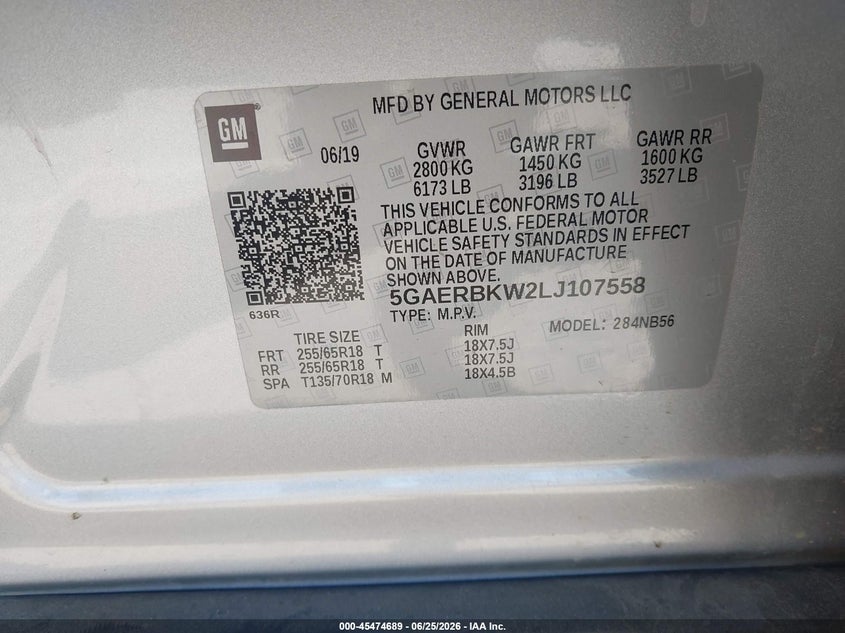 2020 Buick Enclave VIN 5GAERBKW2LJ107558 IAAI salvage auction — FRONT END, Salvage Title, sold $3,700 on 2026-07-22 (photo 9)