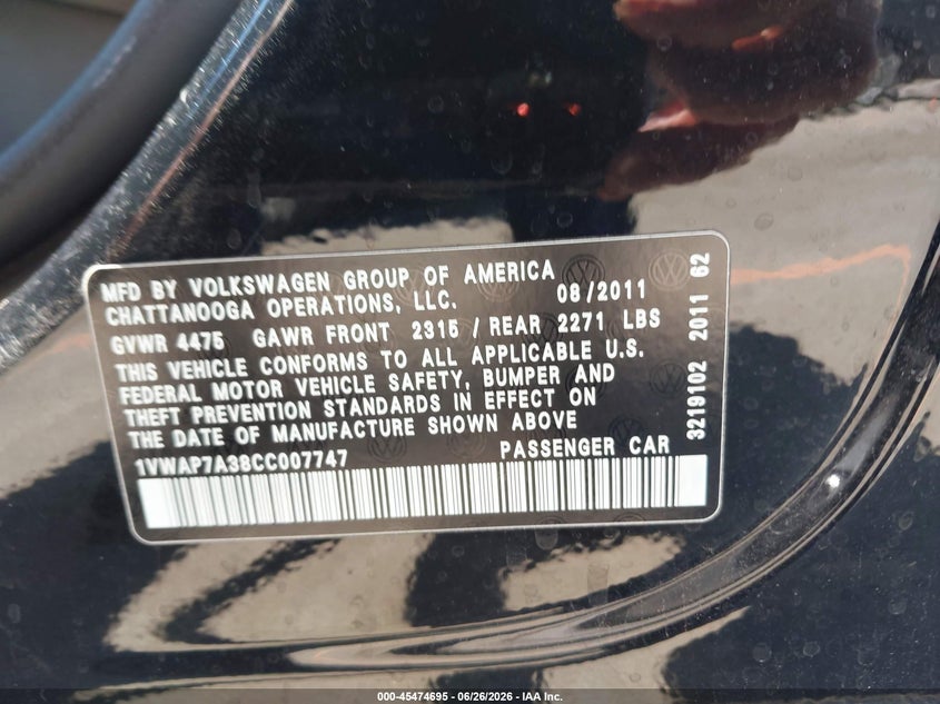 2012 Volkswagen Passat VIN 1VWAP7A38CC007747 IAAI salvage auction — RIGHT FRONT, Salvage (California), sold $500 on 2026-07-09 (photo 9)